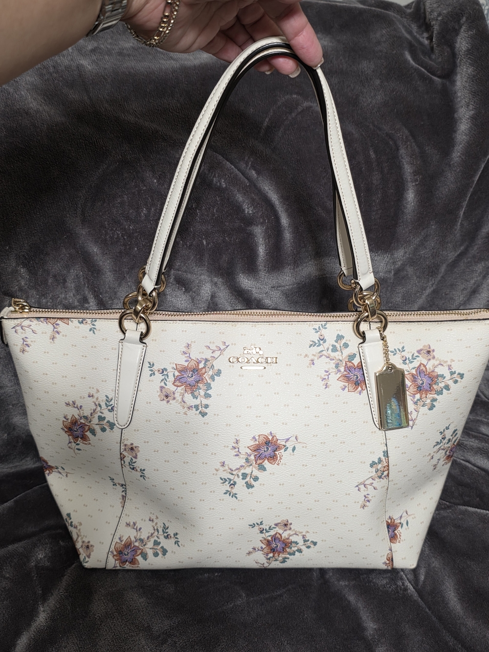 Coach Cream Floral Tote with Gold Hardware